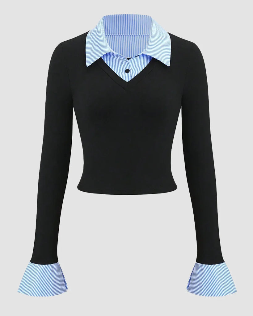Black and blue sweater featuring blue sleeves, designed as a contrast collar and cuff knit full sleeve top.
