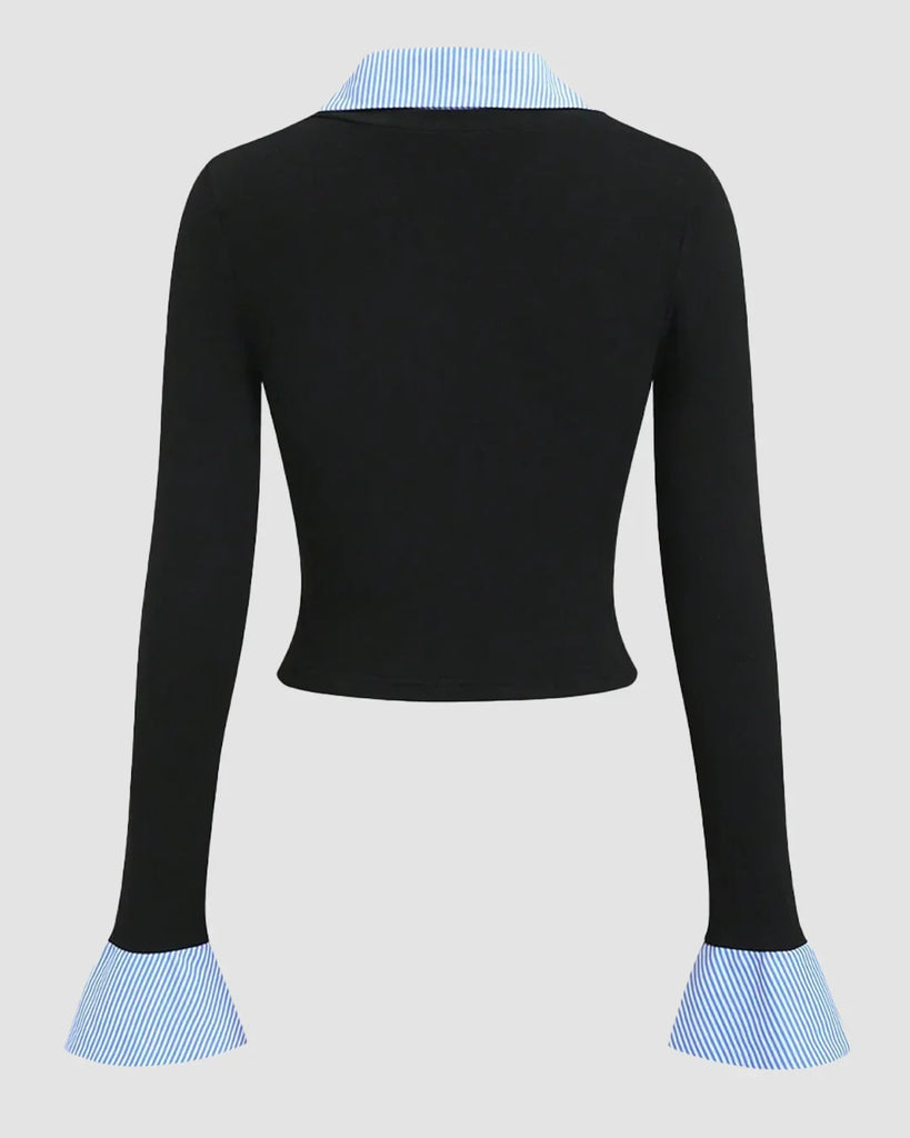 Back view of a Black and blue sweater featuring blue sleeves, designed as a contrast collar and cuff knit full sleeve top.
