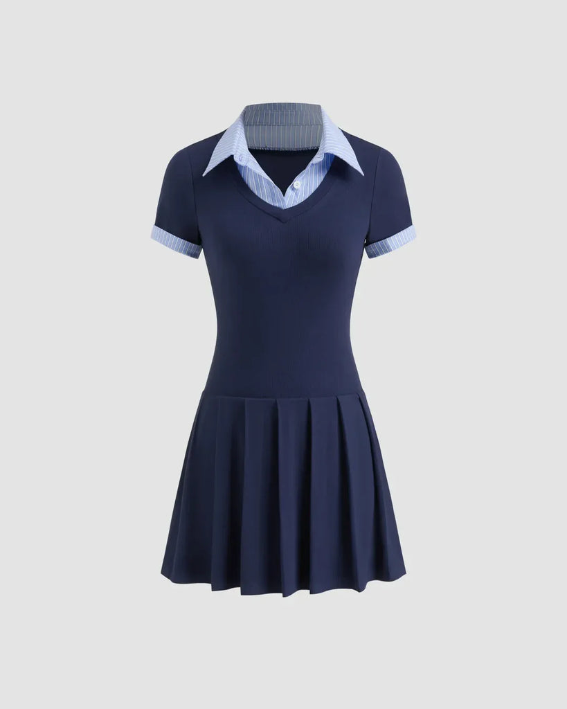 Navy blue knit fit-and-flare mini dress with a contrasting collar for a refined touch.