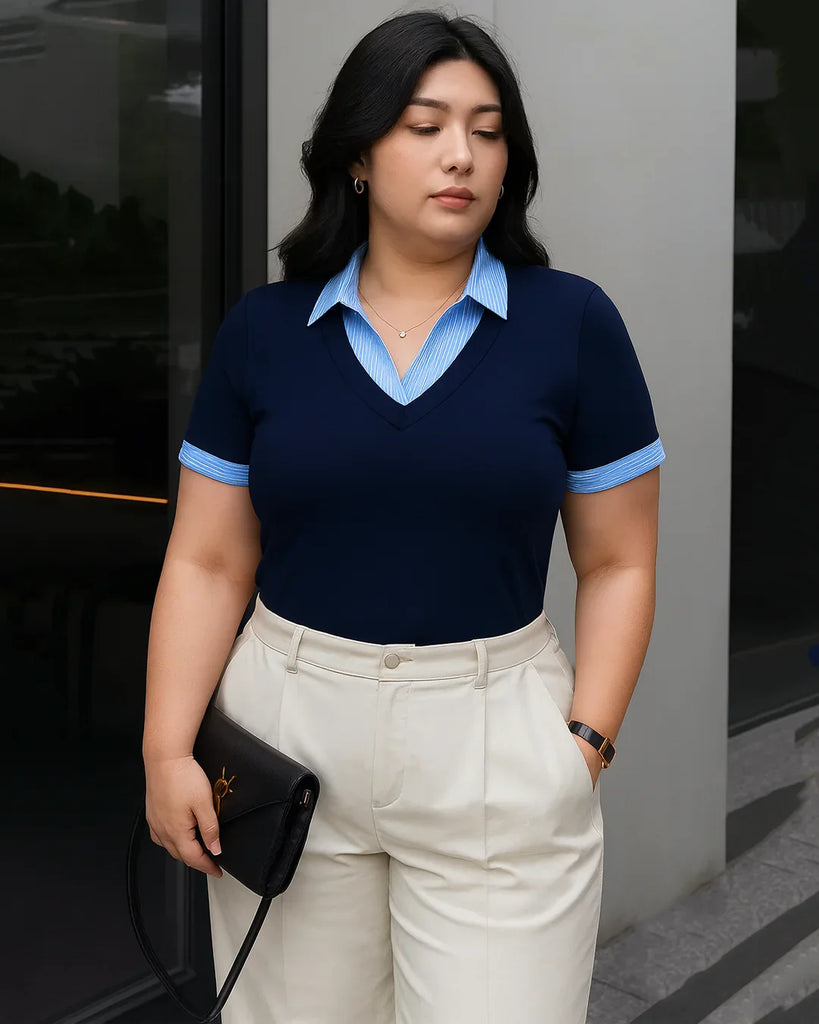 Contrast Collar V-Neck Knit Fitted Top in Navy Blue Curve & Plus