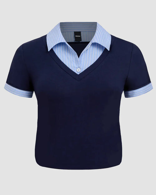 Contrast Collar V-Neck Knit Fitted Top in Navy Blue Curve & Plus