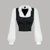 Black and white full sleeve top featuring a white collar, ruched bust, and long sleeves.