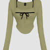 Contrast Trim Long Sleeve Sage and Black Top Front View for Women | Littlebox India