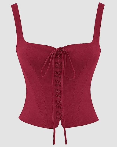 Corset Straps Sleeveless Lace-up Tank Tops In Red Front View For Women | Littlebox India
