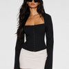 Corset Style Square Neck Flared Sleeve Top in Black Front View for Women | Littlebox India