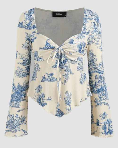 Cottagecore Bell Sleeve Top in Blue & Cream Curve & Plus Front View for Women | Littlebox India