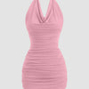 Front view of rose pink cowl neck bodycon mini dress with ruched fit and backless tie strap, stylish rose pink dress.