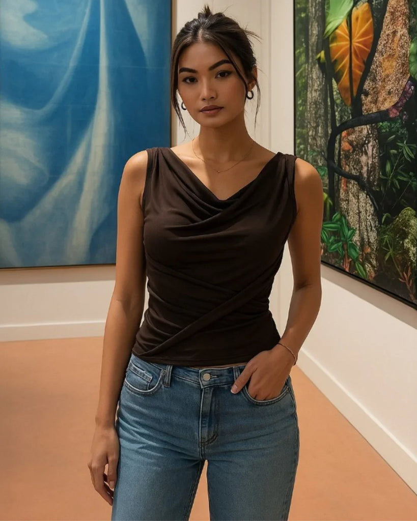 Brown cowl neck knotted sleeveless crop tank top featuring a stylish draped neckline