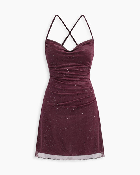Cowl Neck Mini Dress in Wine Maroon Front View for Women | Littlebox India
