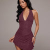 Cowl Neck Ruched Asymmetric Mini Dress in Wine Maroon Front View for Women | Littlebox India
