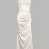 Cowl Neck Ruched Slit Sleeveless Satin Maxi Dress in Cream Front View for Women | Littlebox India