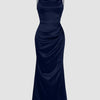 Cowl Neck Ruched Slit Sleeveless Satin Maxi Dress in Navy Blue Front View for Women | Littlebox India