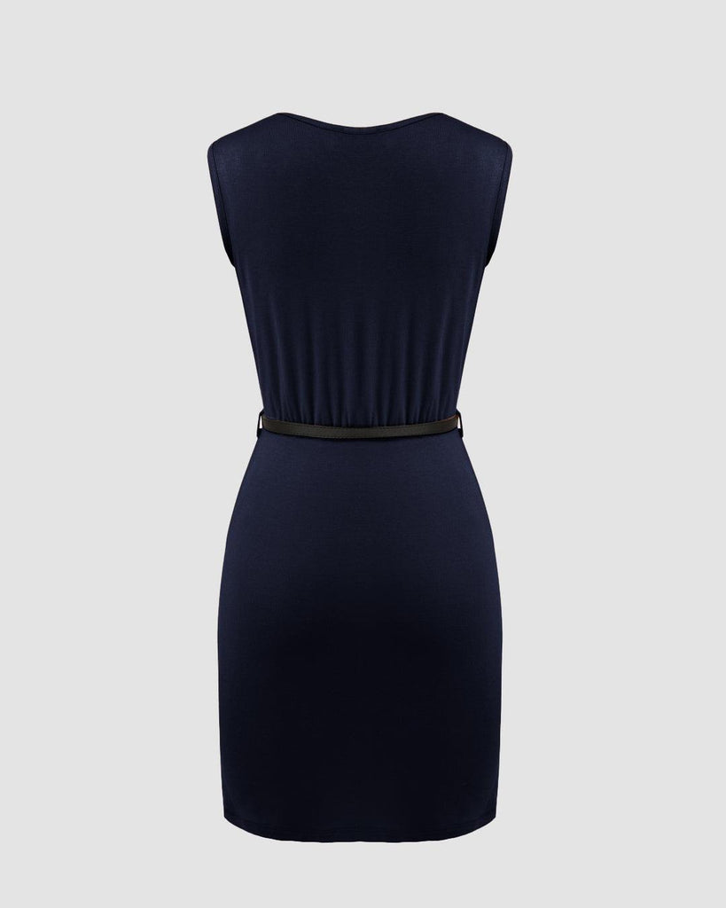 Navy blue ruched mini dress featuring a draped cowl neckline back view