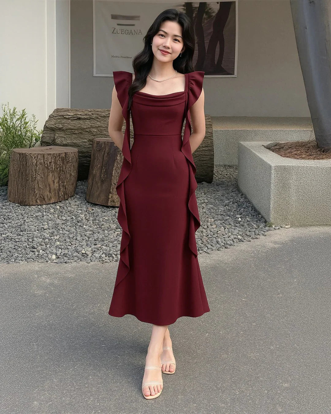 Cowl Neck Ruffle Maxi Dress In Cherry Red - Main Image