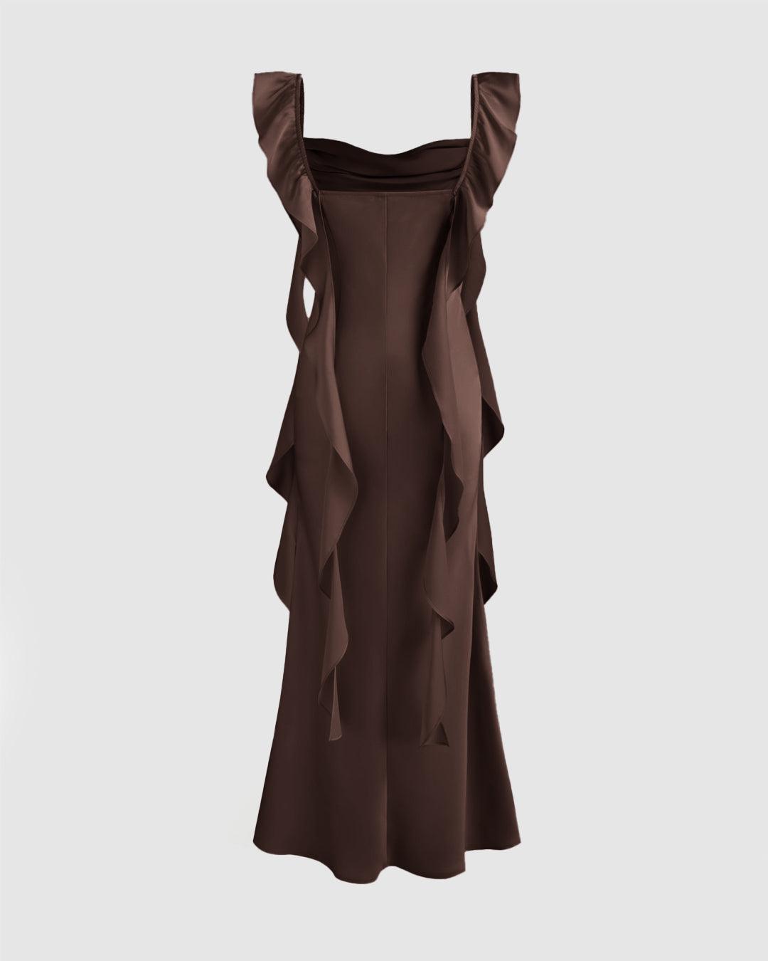 Cowl Neck Ruffle Satin Maxi Dress In Brown