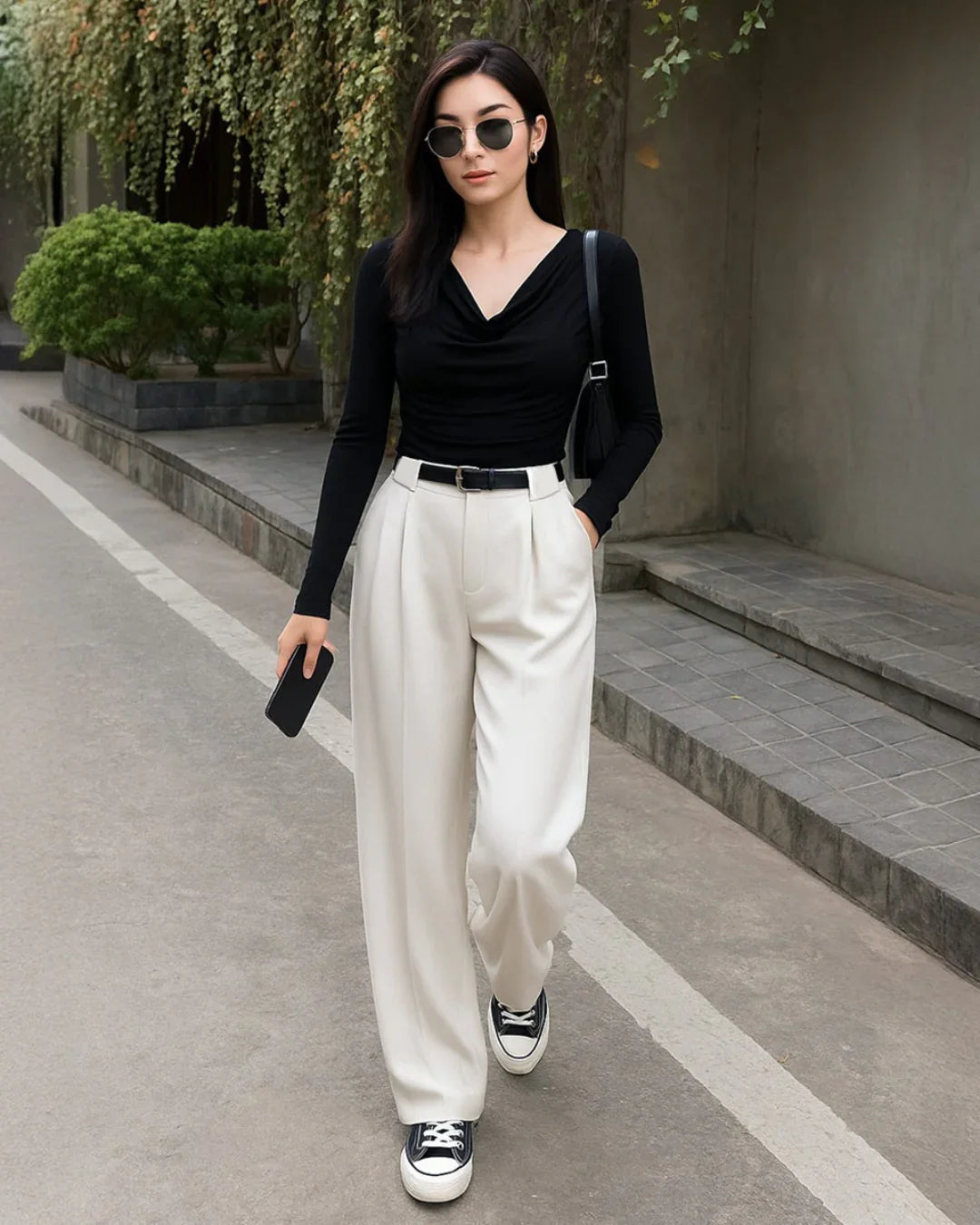 Straight Leg Pants One Leg Black One Leg White Women's Black Wide