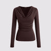 Women's chocolate brown cowl neck top with long sleeves and ruched detailing