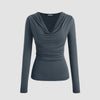 Cowl Neck Solid Ruched Long Sleeve Gray Top Front View For Women | Littlebox India
