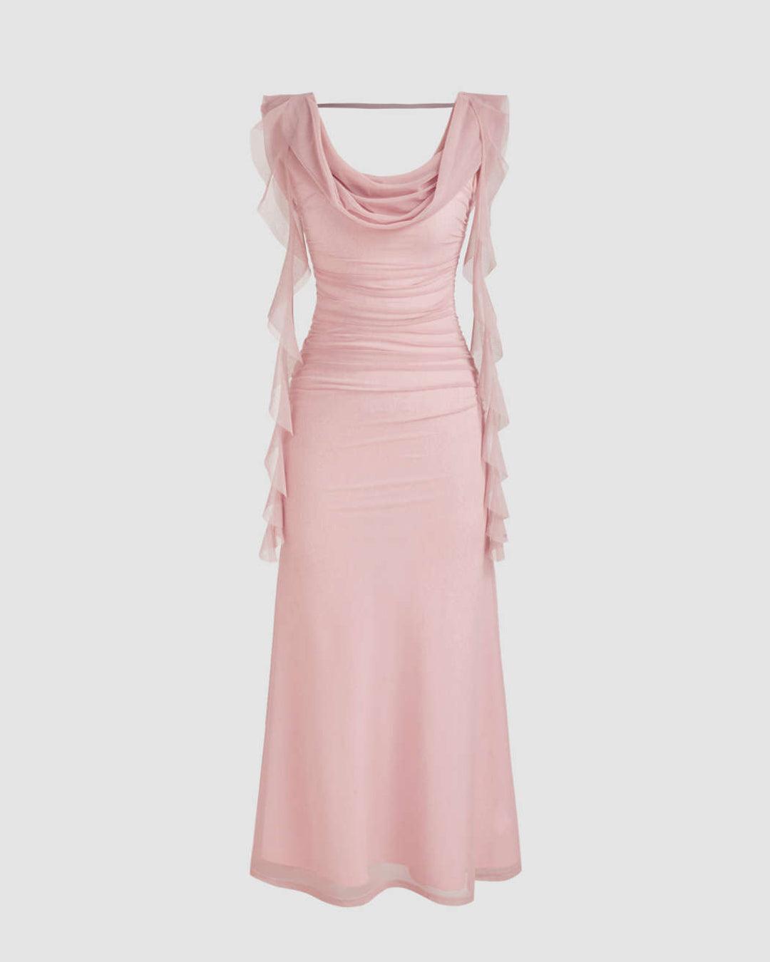 Cowl Neck Solid Ruffle Hem Ruched Maxi Dress In Pink