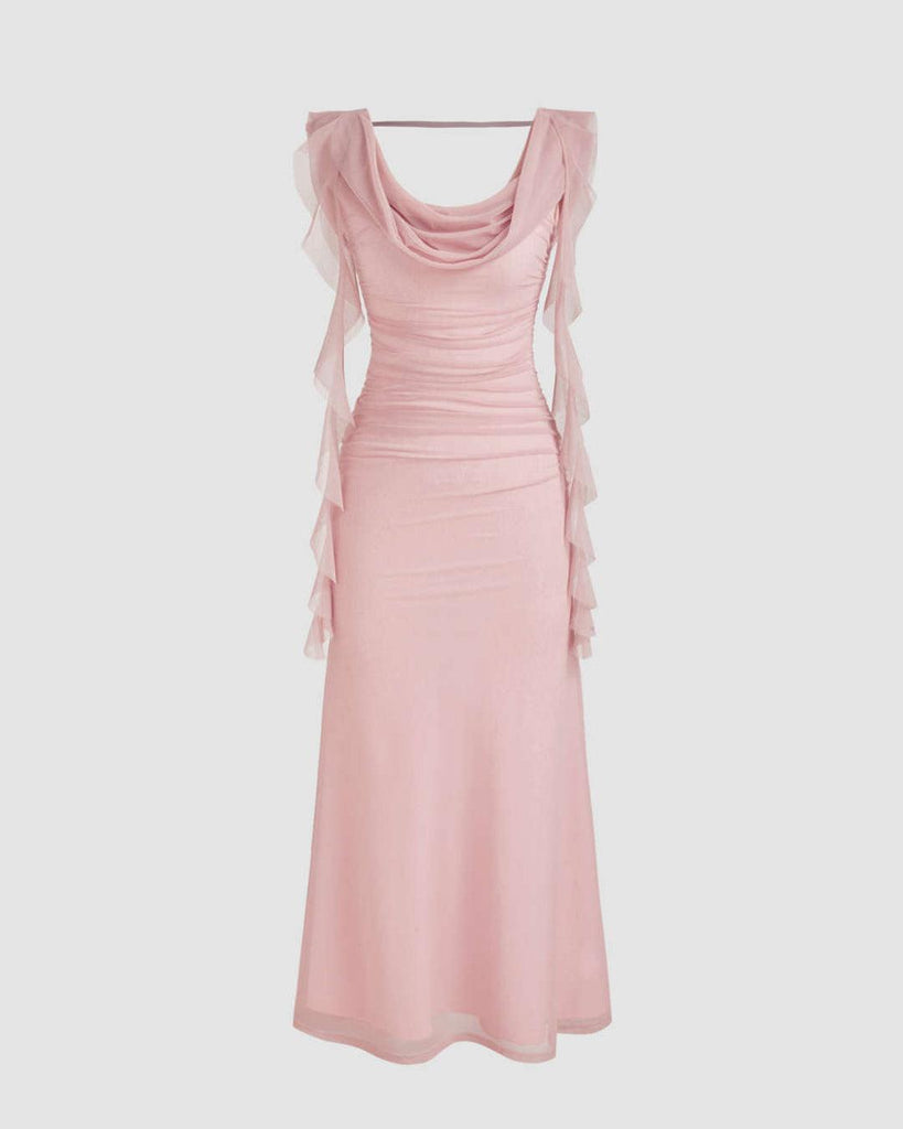 Solid Ruffle Hem Ruched Maxi Dress In Pink