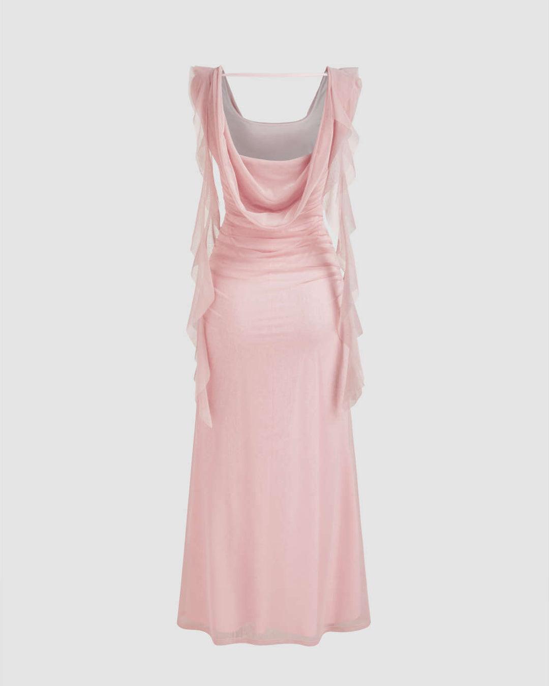 Ruched Front Ruffle Hem Maxi A-line Dress