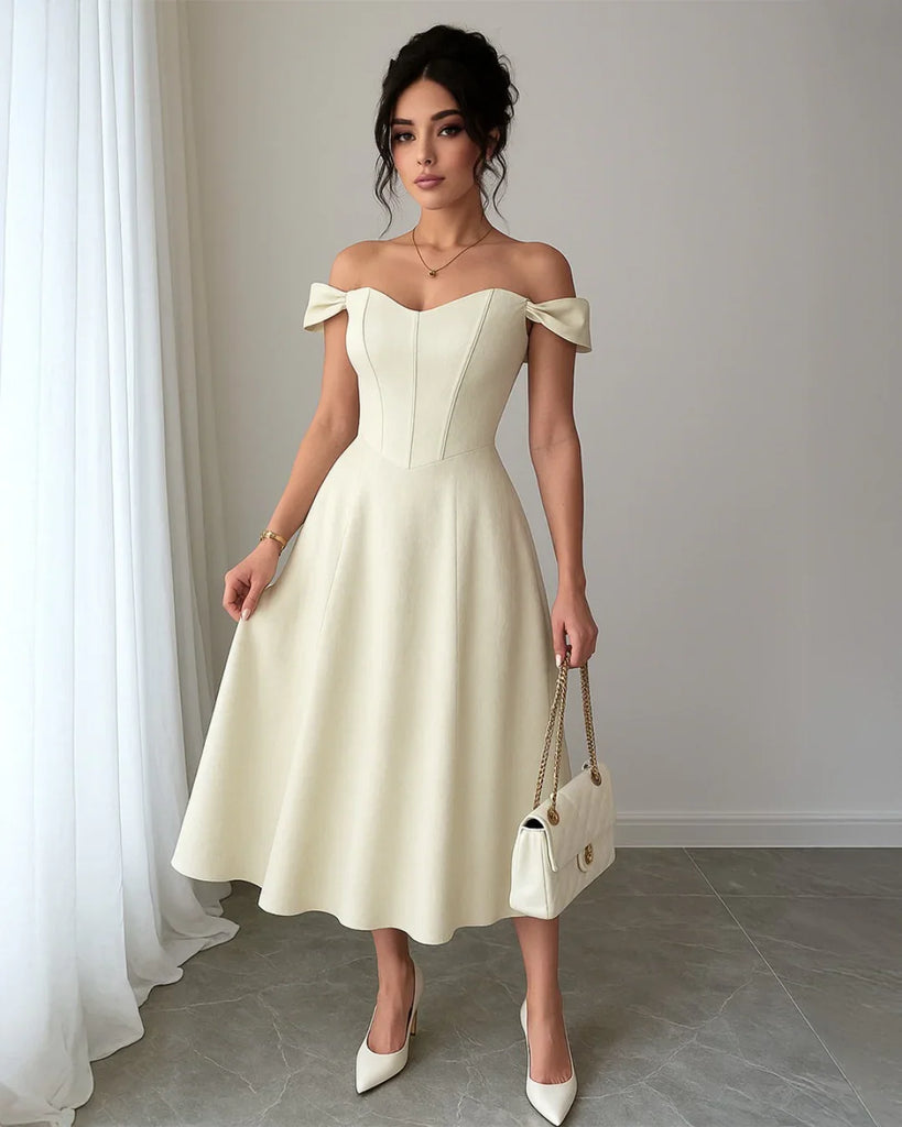 White Fishbone Design Off-Shoulder Dress