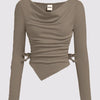 Dark grey asymmetrical long sleeve top with a crew neck and cinched waist, made from a brown knit fabric.