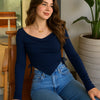 Crew Neck Cinched Waist Asymmetrical Long Sleeve Top In Navy Blue On Model For Women | Littlebox India