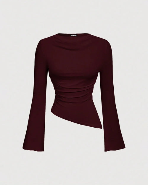 Front view of Maroon crew neck ruched top with flare sleeves and asymmetric hem, fitted silhouette with soft drape