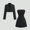 Cropped Blazer Jacket with Strapless Slim Fit Dress Two Piece Set in Black Front View for Women | Littlebox India