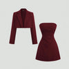 Front view of Merlot two piece set with cropped blazer jacket and strapless slim fit mini dress, featuring a sleek tailored silhouette