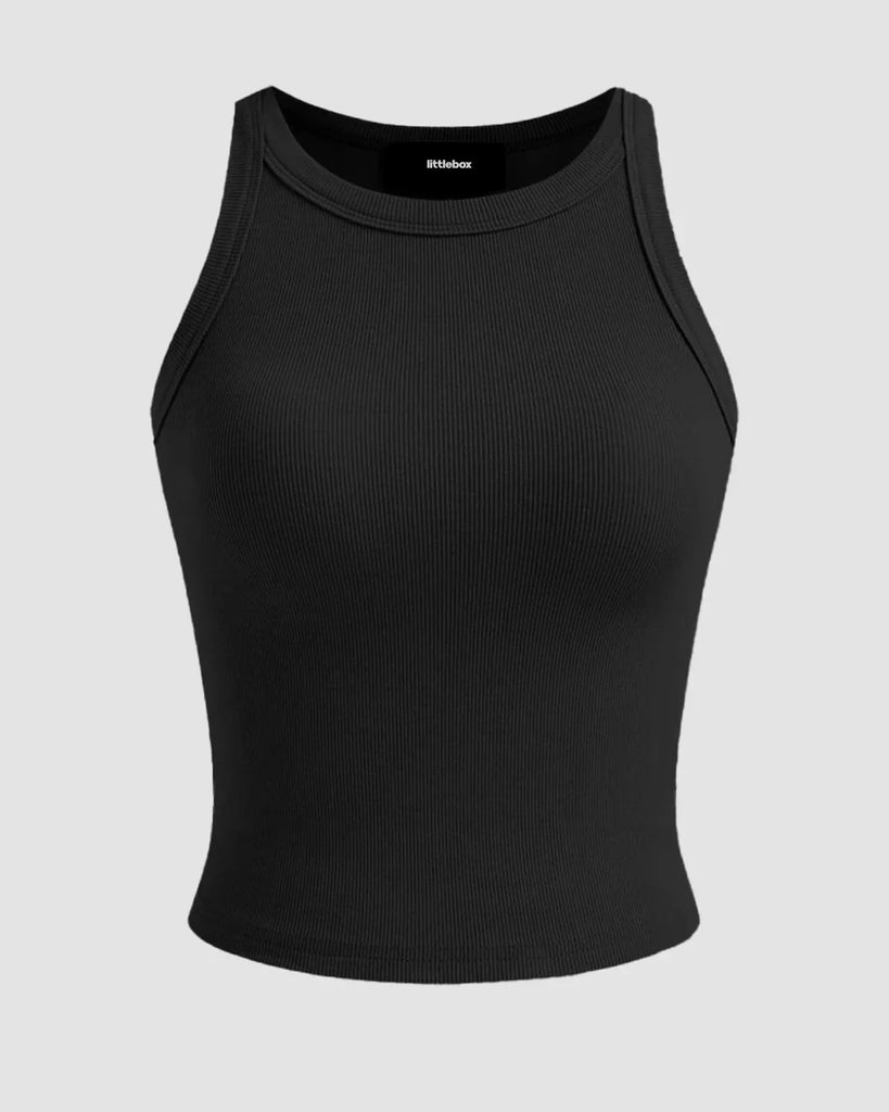  Black cropped knit tank top made from soft, stretchy material, perfect for casual or layered outfits.