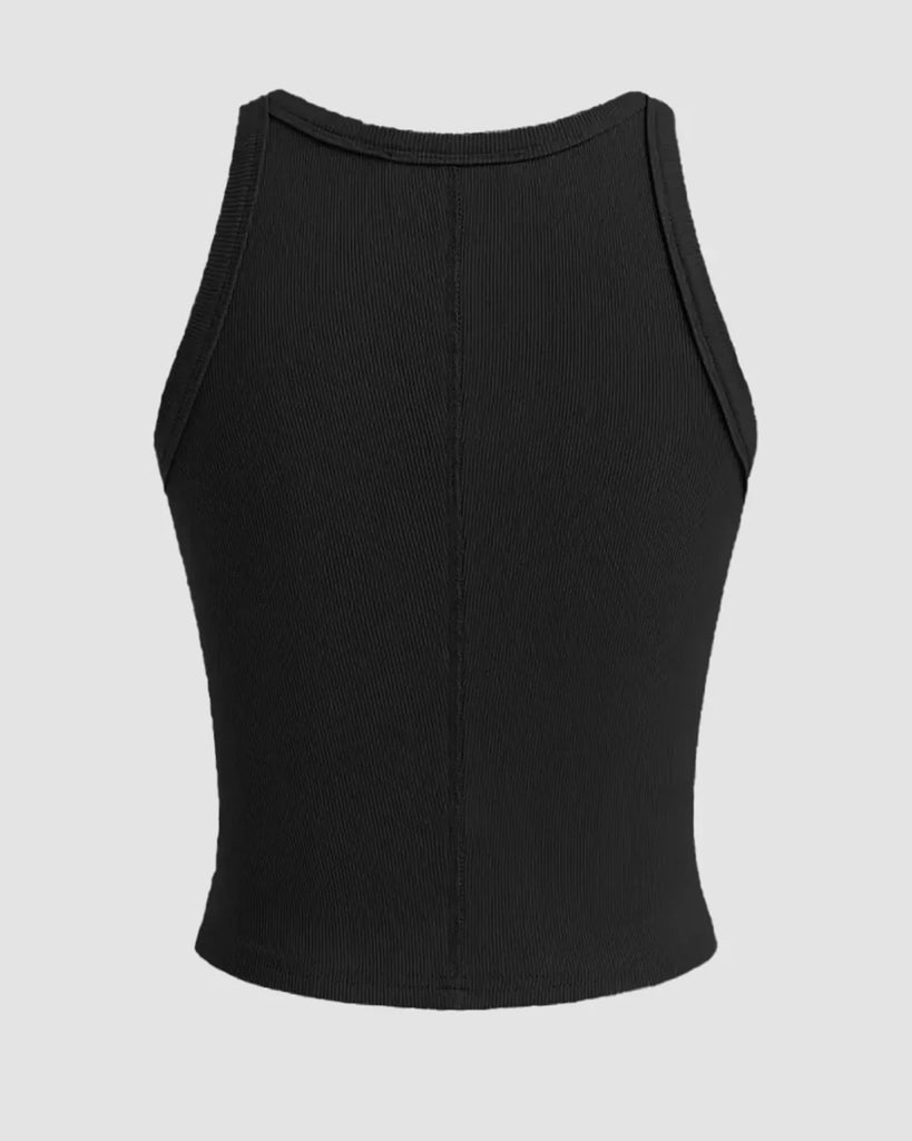 Back view of a Black cropped knit tank top made from soft, stretchy material, perfect for casual or layered outfits.