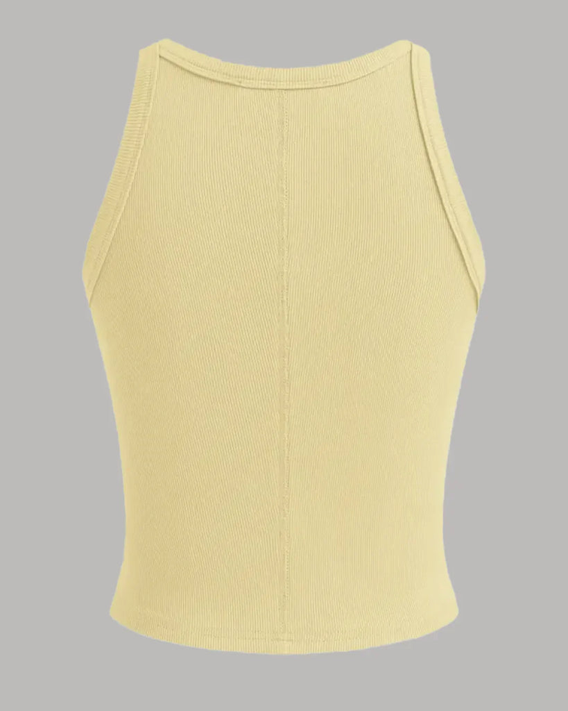 Back view  of a Vanilla cropped knit tank top in vanilla, made from soft, stretchy material for comfort and style.

