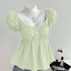 Cute Striped Puff Sleeve Summer Top in Light Green Front View for Women | Littlebox India