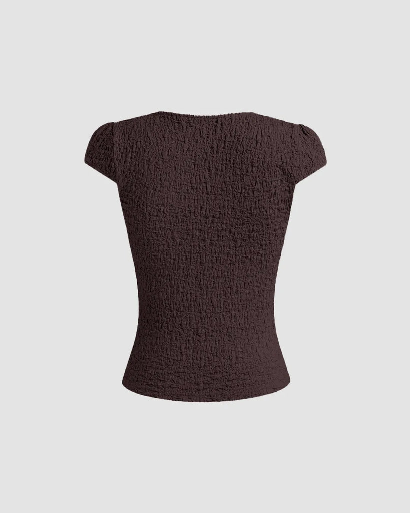 Back of Cute brown V-neck tee featuring delicate lace trim and a bow, perfect for adding femininity to casual outfits
