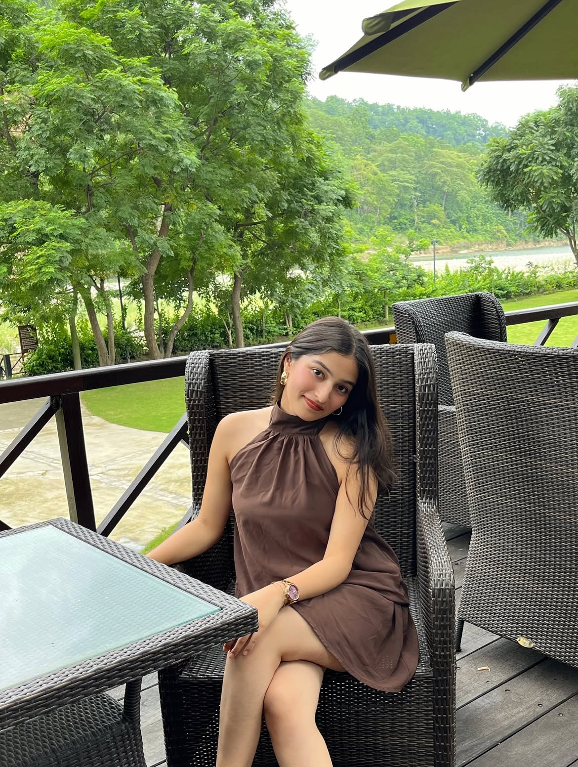 Customer photo 2 of Brown Halter Tie Neck Layered Mini Dress