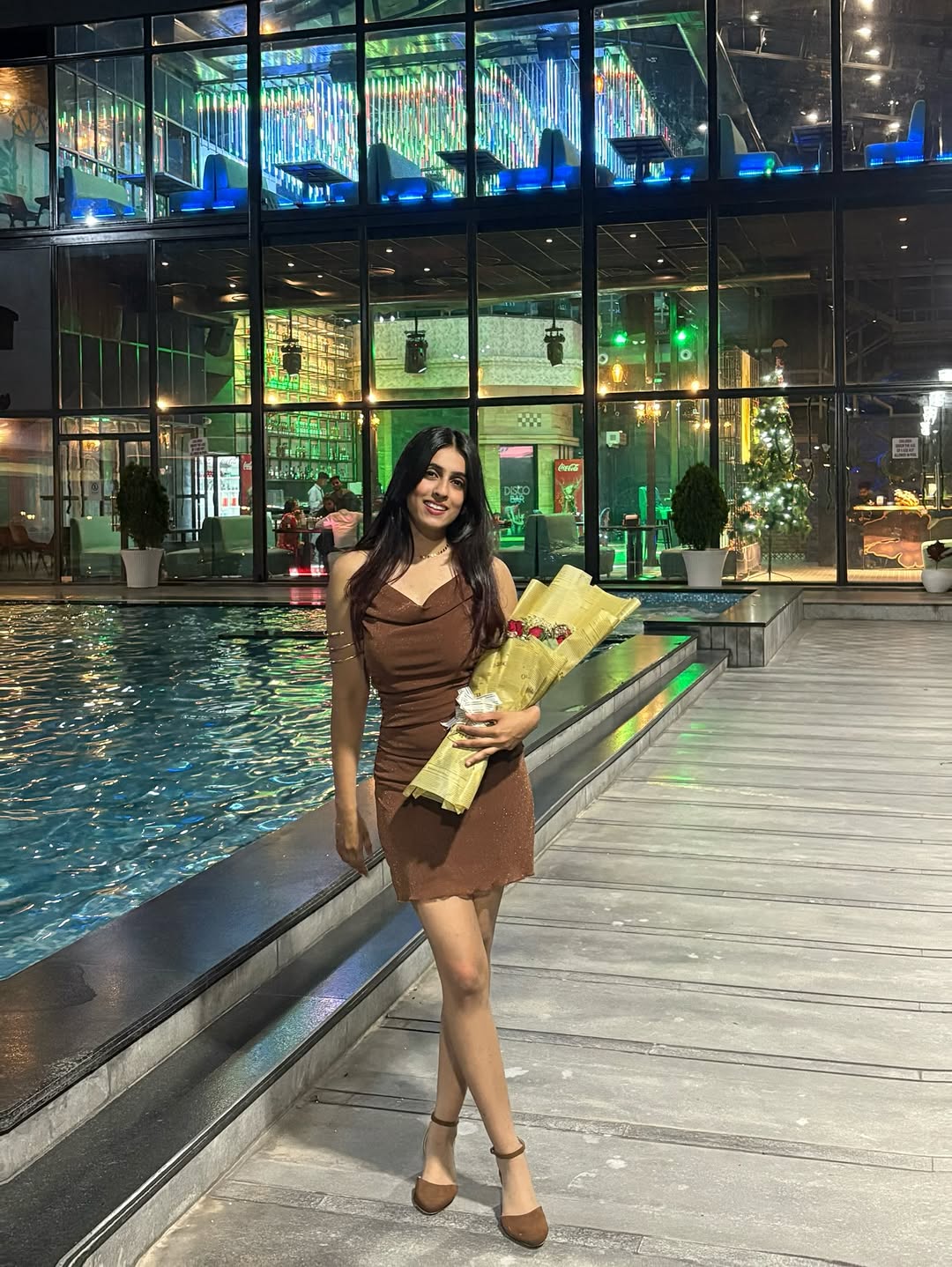 Customer photo 3 of Mesh Cowl Neck Sequin Ruched Mini Dress in Brown