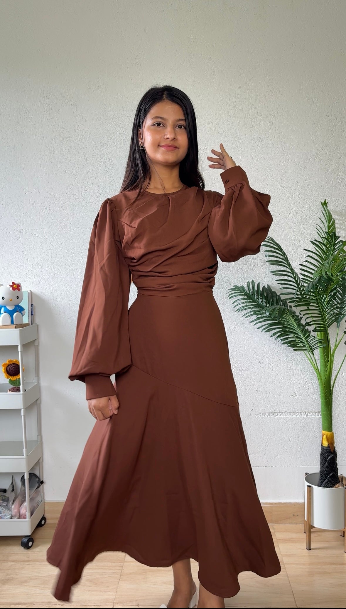 Dark Brown Puff Sleeve Midi Flared Dress Littlebox India Dark Brown Puff Sleeve Midi Flared Dress Littlebox India