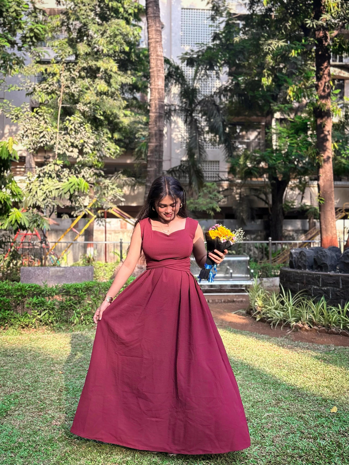 Customer photo 2 of Square Neck Sleeveless Sundress Midi Dress in Maroon