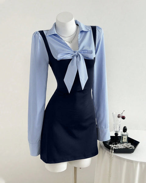 Striped Bow Black Pinafore Mini Dress