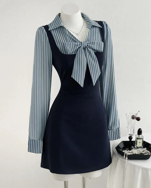 Striped Bow Black Pinafore Mini Dress