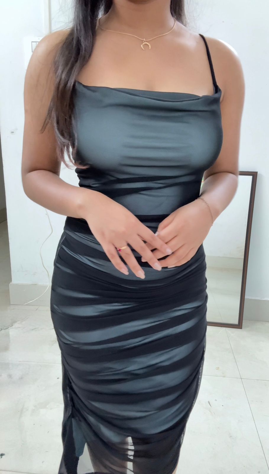 Customer photo 1 of Mesh Cowl Neck Ruched Midi Dress in Black And Blue