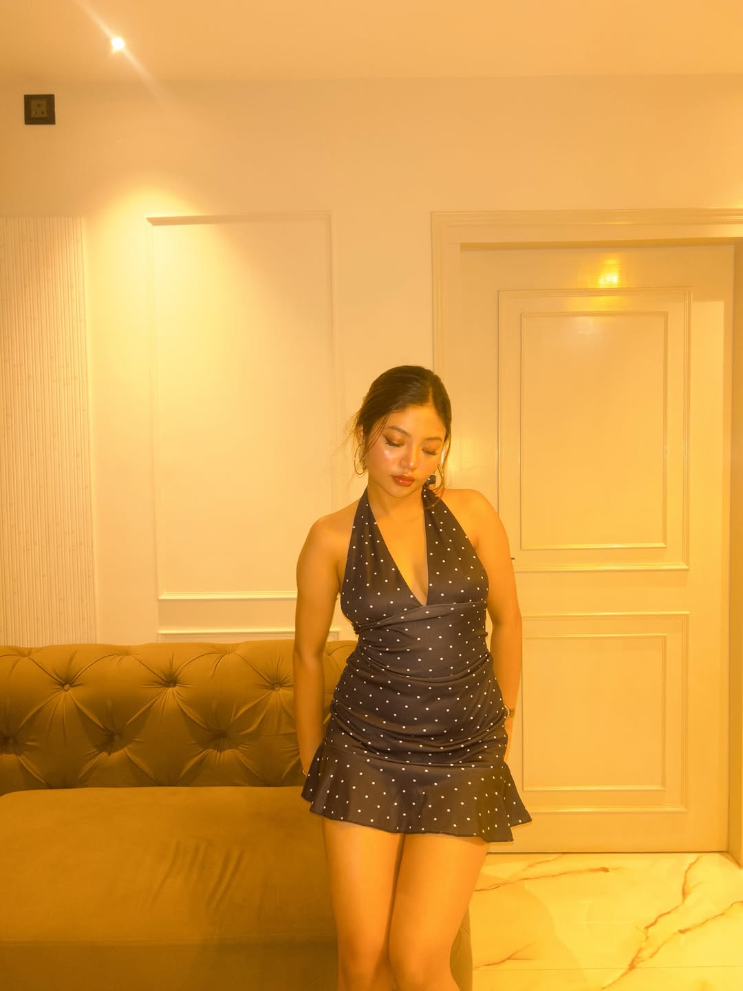 Customer photo 2 of Deep V-Neck Polka Dot Retro Halter Mini Dress In Navy Blue