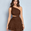 Asymmetrical Neck Glittered Sleeveless Mini Dress in Rust