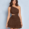 Asymmetrical Neck Glittered Sleeveless Mini Dress in Rust