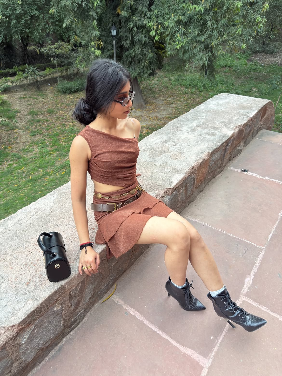 Customer photo 1 of Asymmetrical Neck Glittered Sleeveless Mini Dress in Rust