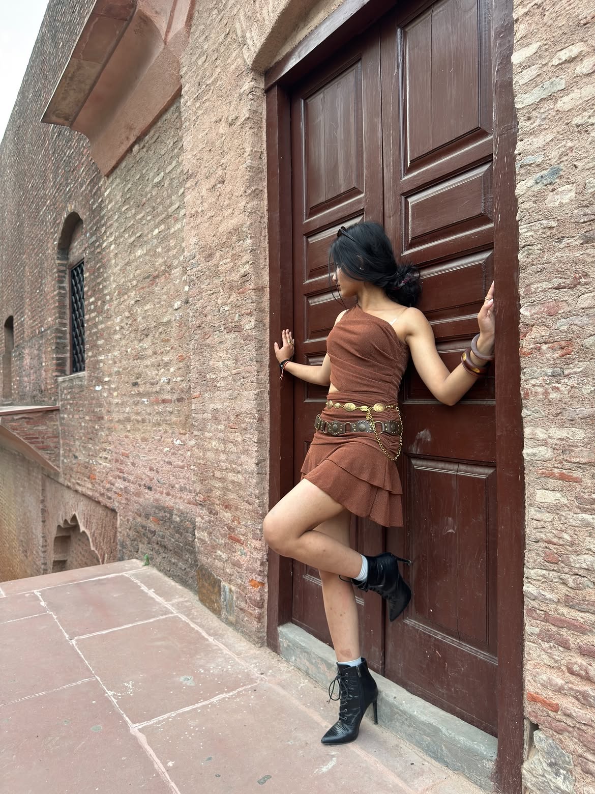 Customer photo 2 of Asymmetrical Neck Glittered Sleeveless Mini Dress in Rust