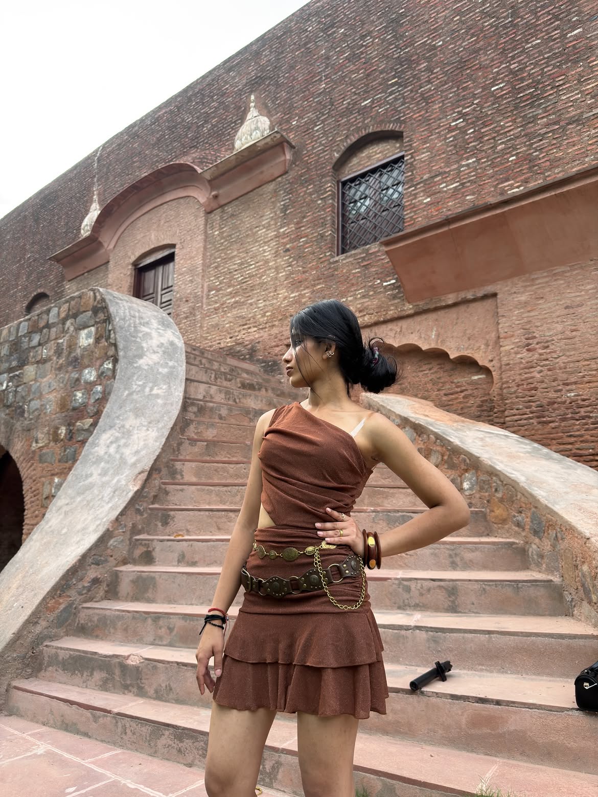 Customer photo 3 of Asymmetrical Neck Glittered Sleeveless Mini Dress in Rust