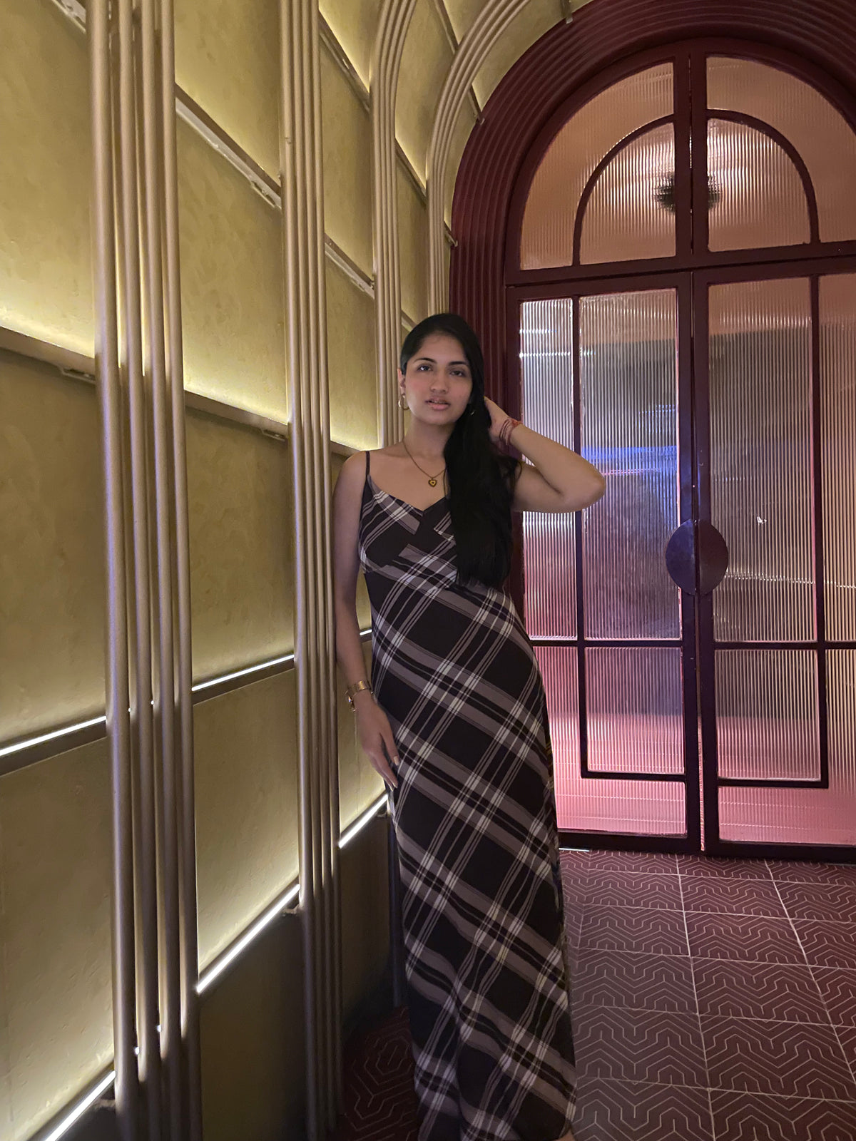 Customer photo 1 of V-Neck Slim Fit Plaid Sleeveless Maxi Dress